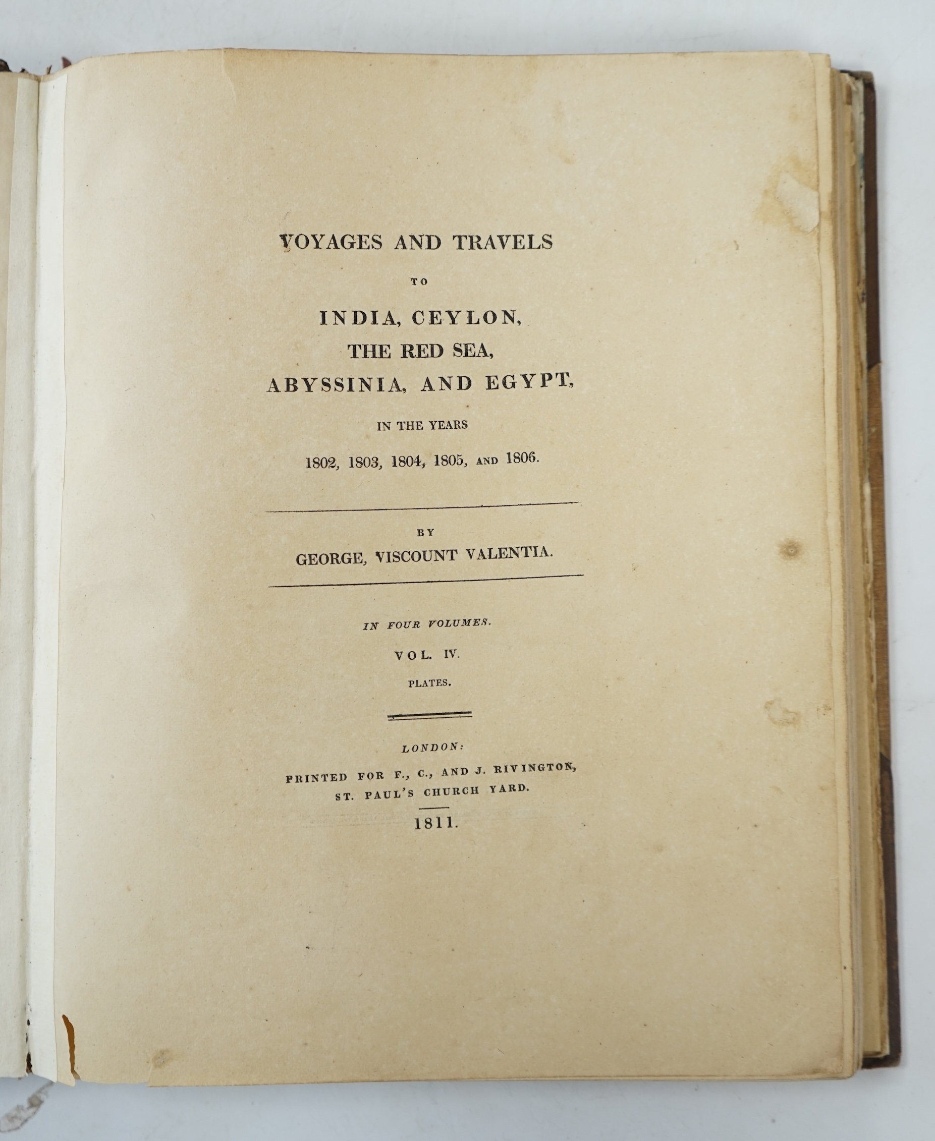 Valentia, George Annesley, Viscount - Voyages and Travels to India, Ceylon, the Red Sea, Abysinnia, and Egypt ... (2nd edition), 3 vols. and atlas of plates (72 including some folded - amongst which are a large plan of A